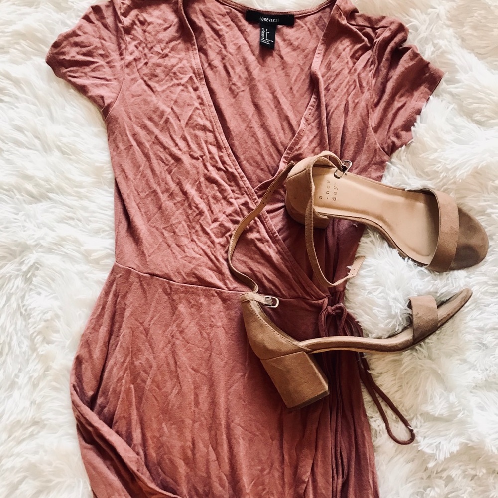 Dusty pink surplice wrap dress